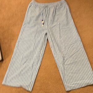 Linen Light Blue Striped Wide-Leg Pants